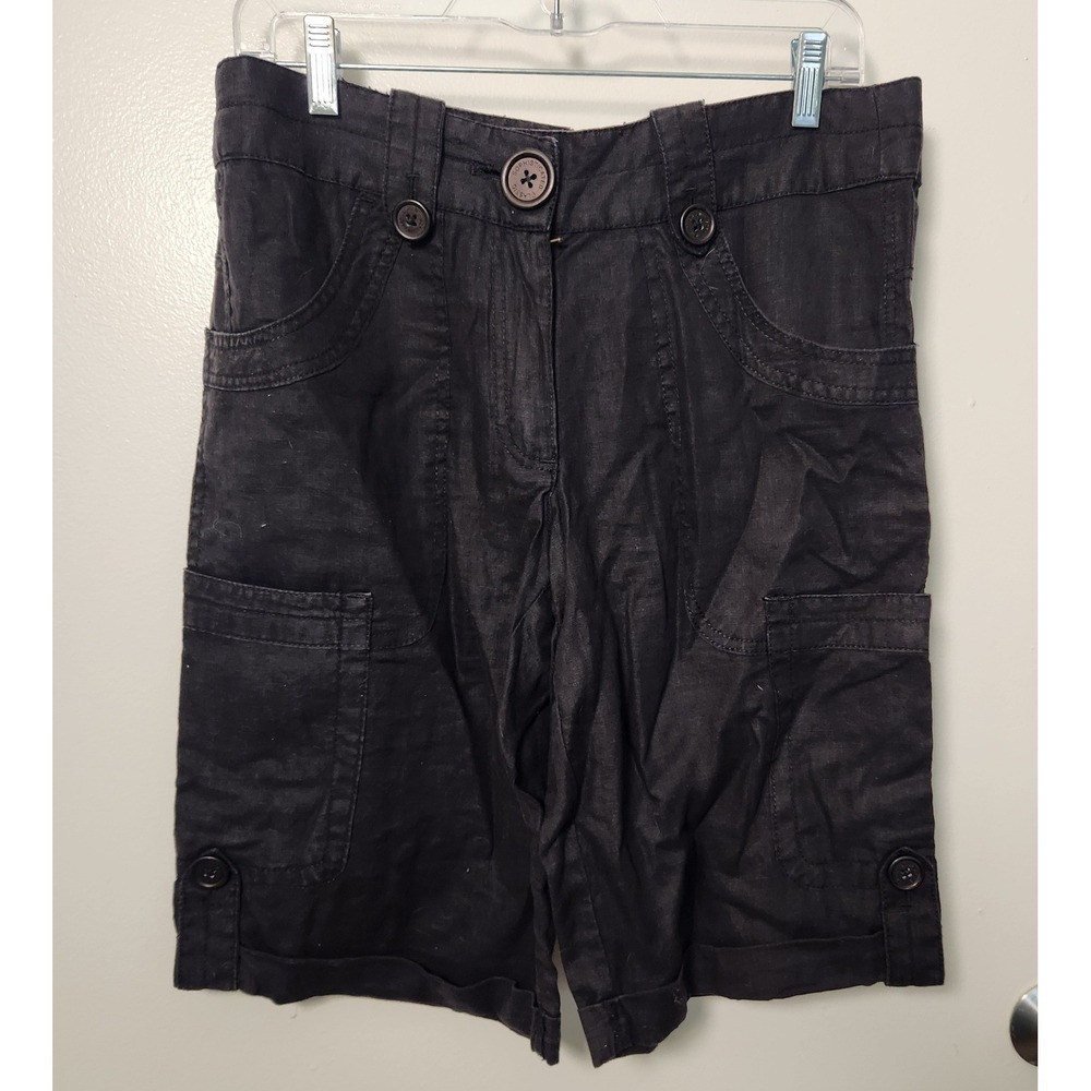100% Linen Cargo Shorts Black 10" Inseam Size 10 Midrise Preppy Summer Resort